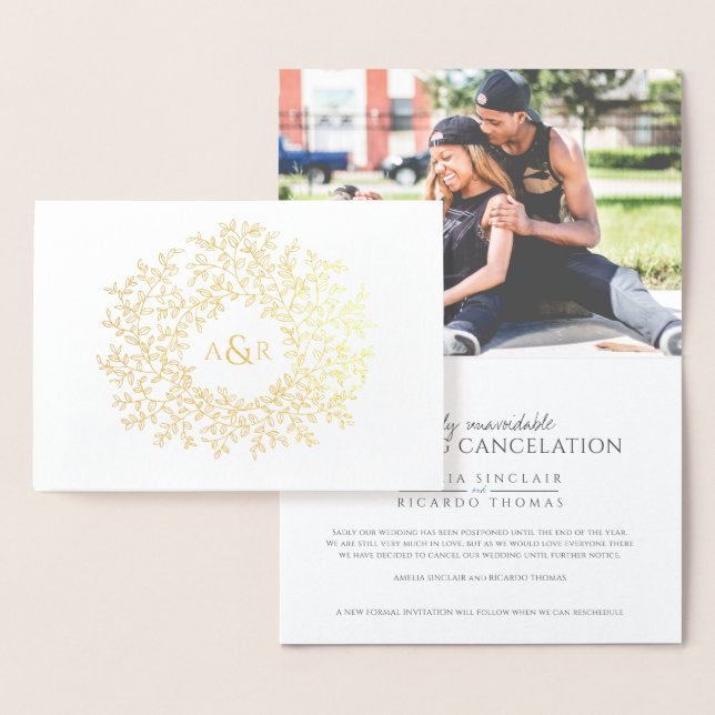Leaf monogram wedding cancellation announcement (Display)
