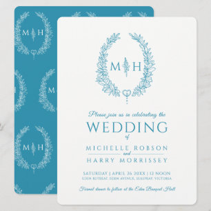 Leaf oval line art wedding aqua teal and white invitation