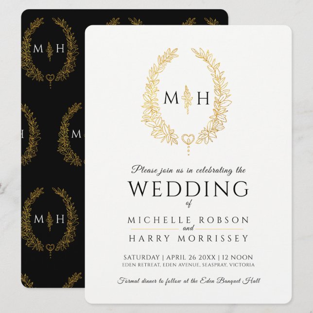 Leaf oval line art wedding black and gold on white invitation (Front/Back)