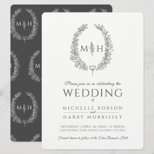 Leaf oval line art wedding dark grey and white invitation