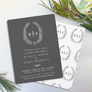 Leaf oval line art wedding dark grey and white  invitation