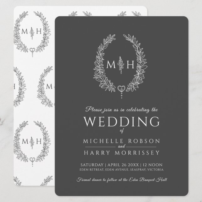 Leaf oval line art wedding dark grey and white invitation (Front/Back)