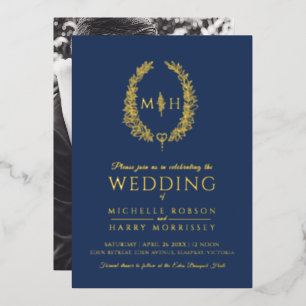 Leaf oval line art wedding navy blue and white