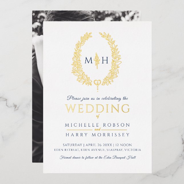 Leaf oval line art wedding navy blue gold white (Front/Back)