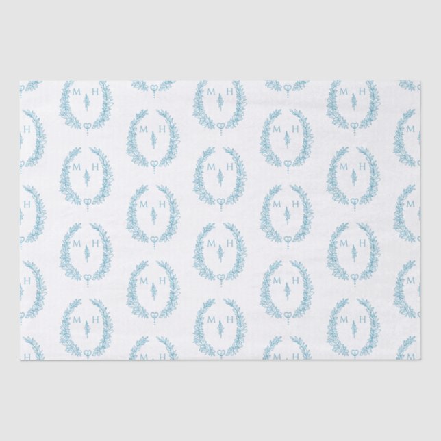 Leaf oval monogram drawing blue aqua white wedding tissue paper (Front)