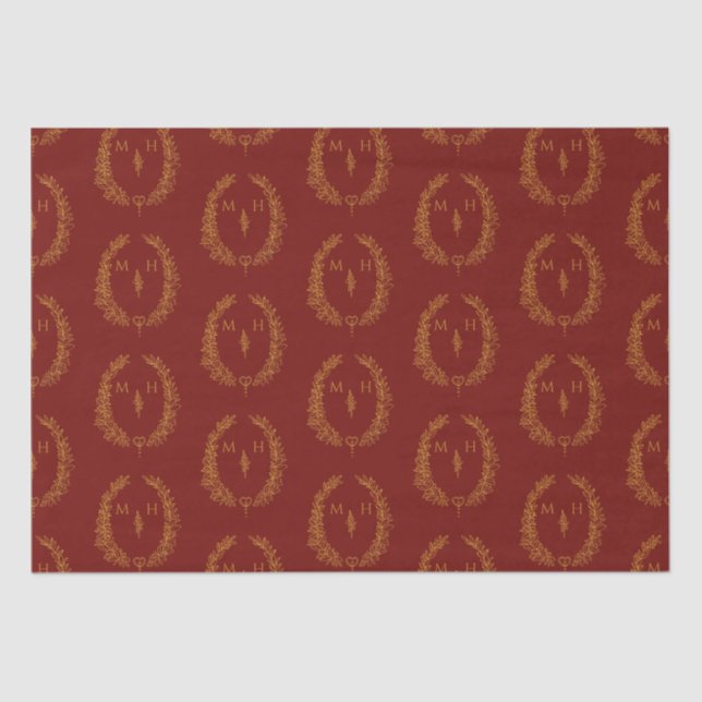 Leaf oval monogram drawing dark red gold wedding tissue paper (Front)