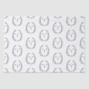 Leaf oval monogram drawing grey on white wedding tissue paper