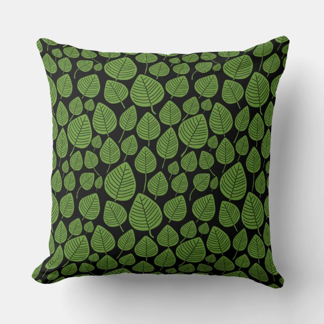 Leaf Pattern 02 - Avocado Green on Black Throw Pillow (Front)