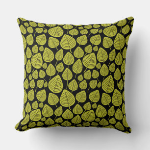 Leaf Pattern 02 - Banana Yellow on Black Throw Pillow