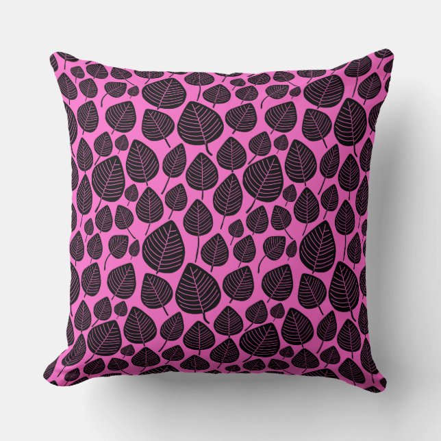 Leaf Pattern 02 - Black on Deep Pink Throw Pillow (Front)