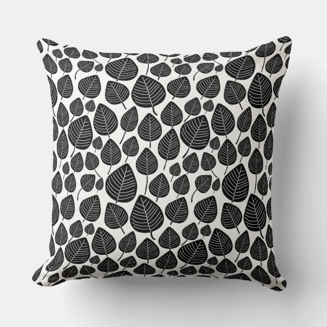 Leaf Pattern 02 - Black on White Throw Pillow (Front)
