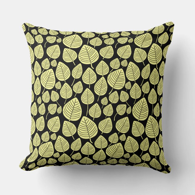 Leaf Pattern 02 - Chalk Yellow on Black Throw Pillow (Front)