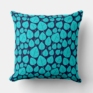 Leaf Pattern 02 - Cyan on Dark Navy Throw Pillow