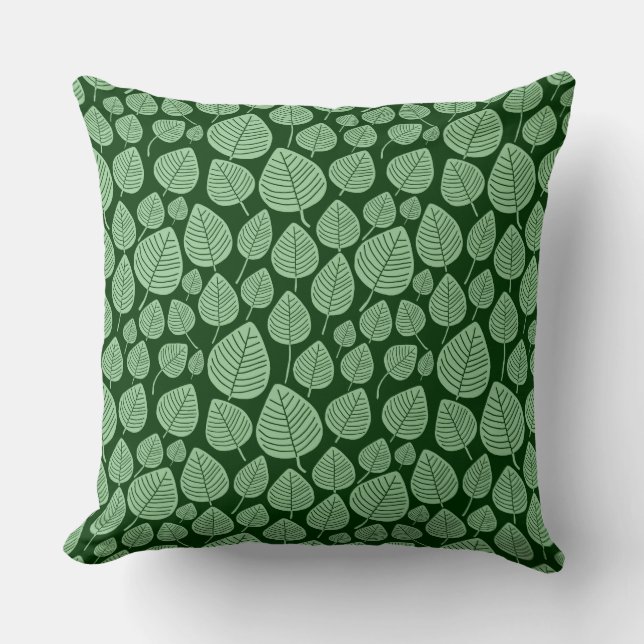 Leaf Pattern 02 - Faded Green on Dark Forest Green Throw Pillow (Front)