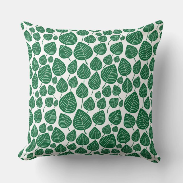 Leaf Pattern 02 - Forest Green on White Throw Pillow (Front)