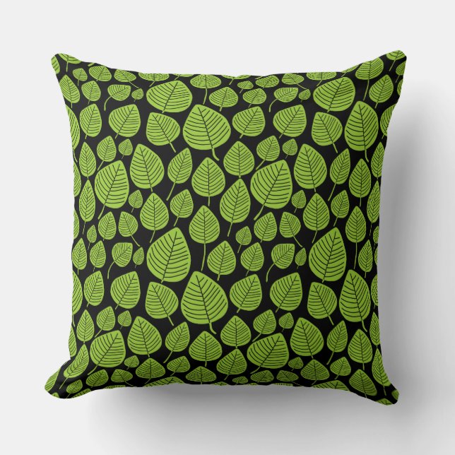 Leaf Pattern 02 - Martian Green on Black Throw Pillow (Front)