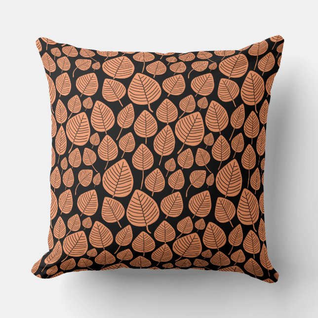 Leaf Pattern 02 - Peach on Black Throw Pillow (Front)