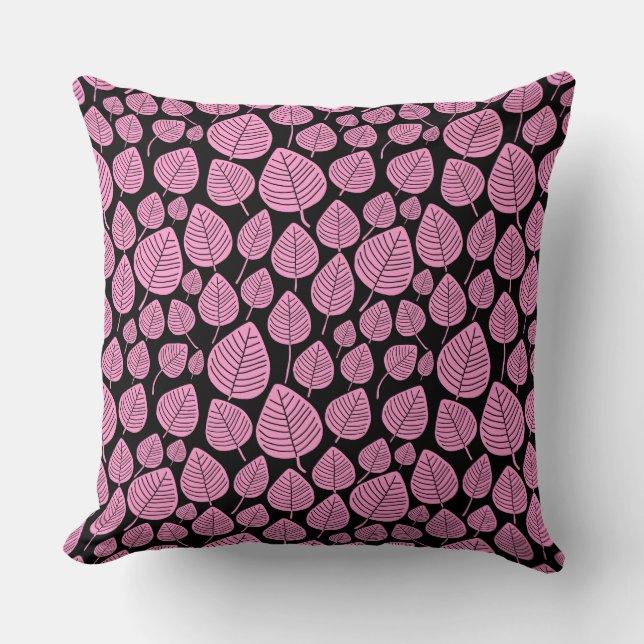 Leaf Pattern 02 - Pink on Black Throw Pillow (Front)