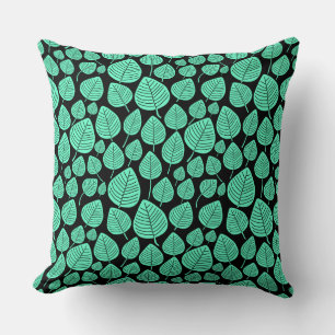 Leaf Pattern 02 - Turquoise on Black Throw Pillow