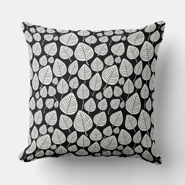 Leaf Pattern 02 - White on Black Throw Pillow (Front)