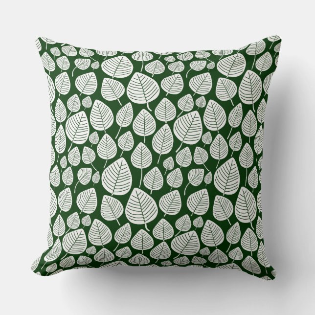 Leaf Pattern 02 - White on Dark Green Throw Pillow (Front)