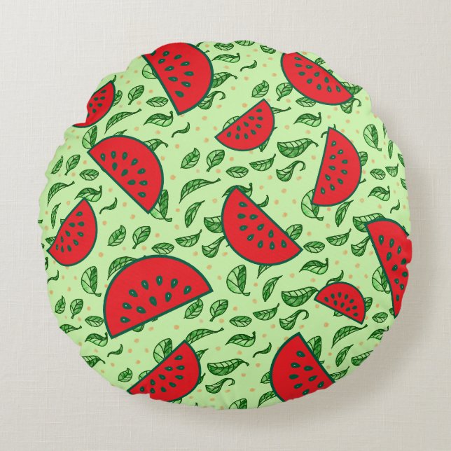 Leaf pattern and Watermelons Round Pillow (Front)