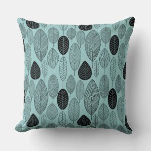 Leaf Pattern - Black on Light Blue Green Throw Pillow