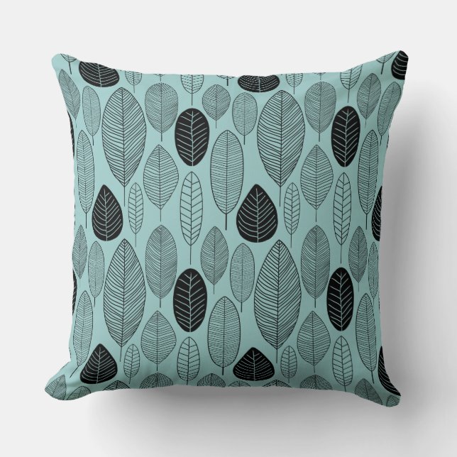 Leaf Pattern - Black on Light Blue Green Throw Pillow (Front)