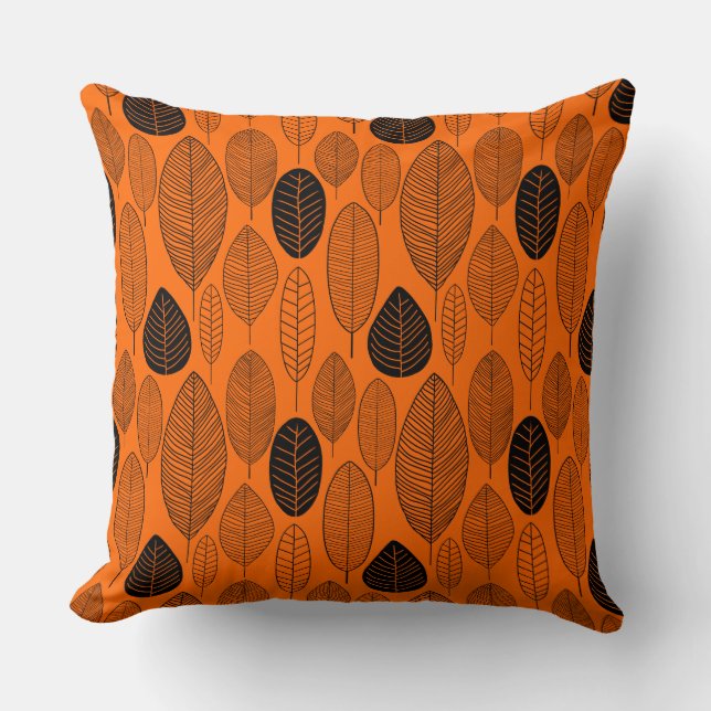 Leaf Pattern - Black on Orange Throw Pillow (Front)