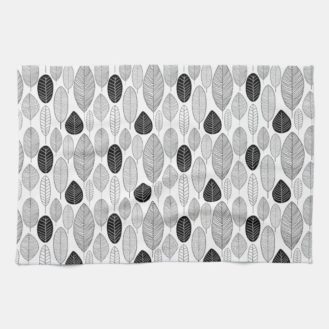 Leaf Pattern - Black on White Kitchen Towel (Horizontal)