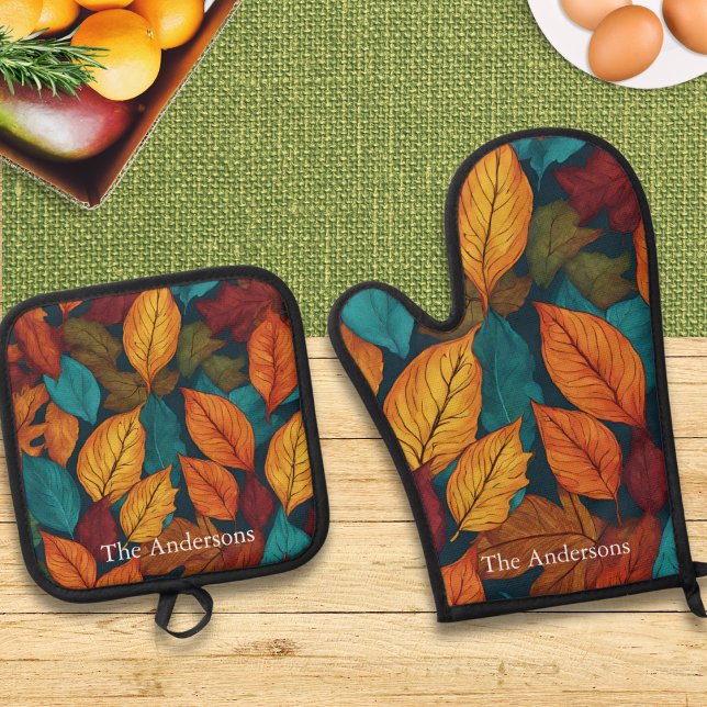 Leaf Pattern Fall Colours Autumn Oven Mitt & Pot Holder Set (An oven glove and pot holder set with Autumn leaves design, personalized with a name)