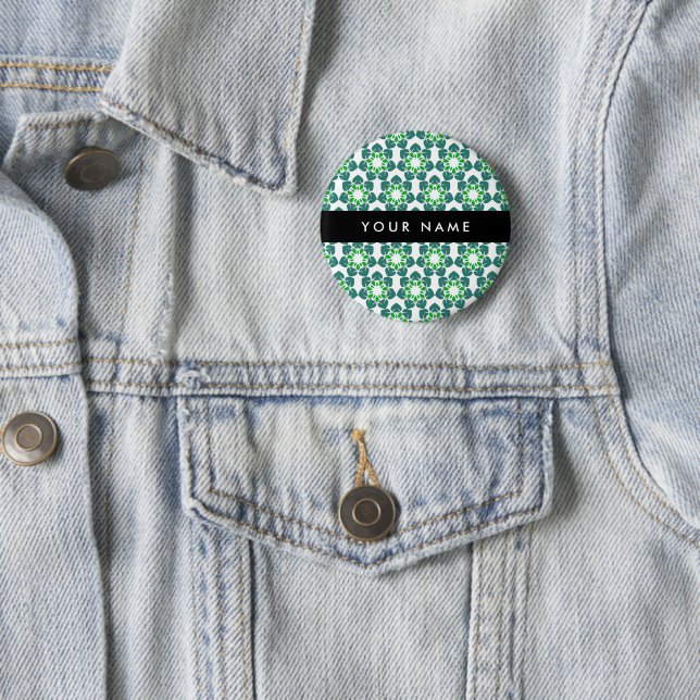 Leaf Pattern, Green Leaves, Your Name 2 Inch Round Button (In Situ)