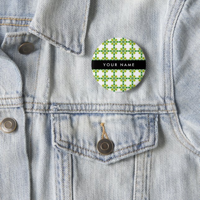 Leaf Pattern, Green Leaves, Your Name 2 Inch Round Button (In Situ)