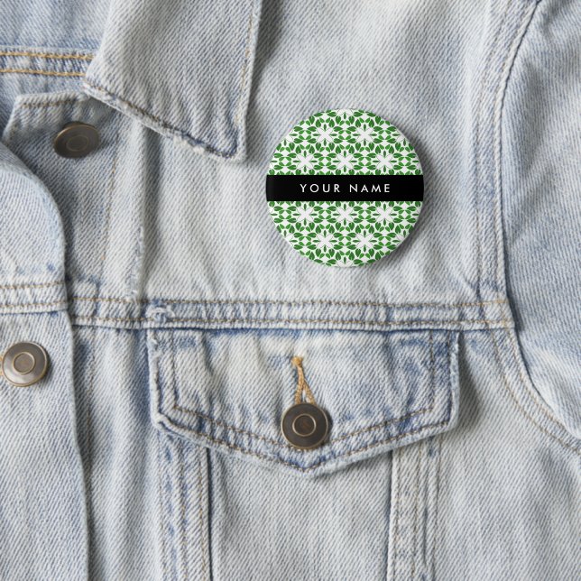 Leaf Pattern, Green Leaves, Your Name 2 Inch Round Button (In Situ)