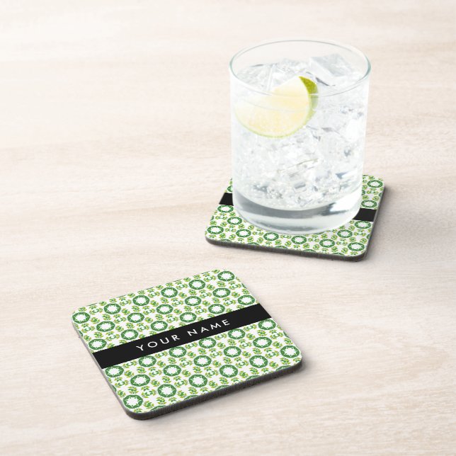 Leaf Pattern, Green Leaves, Your Name Coaster (Right Side)