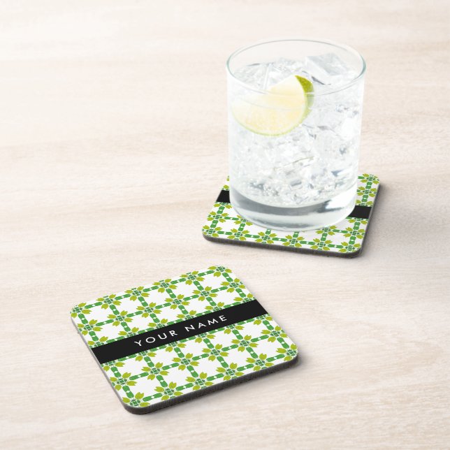 Leaf Pattern, Green Leaves, Your Name Coaster (Right Side)