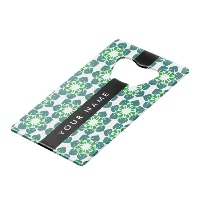 Leaf Pattern, Green Leaves, Your Name Credit Card Bottle Opener (Front Angled)