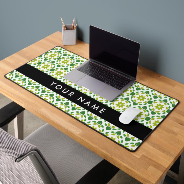 Leaf Pattern, Green Leaves, Your Name Desk Mat (Office 2)