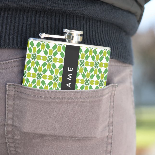 Leaf Pattern, Green Leaves, Your Name Hip Flask (In Situ)
