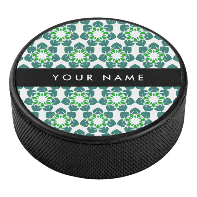 Leaf Pattern, Green Leaves, Your Name Hockey Puck (3/4)
