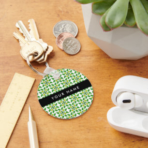 Leaf Pattern, Green Leaves, Your Name Keychain