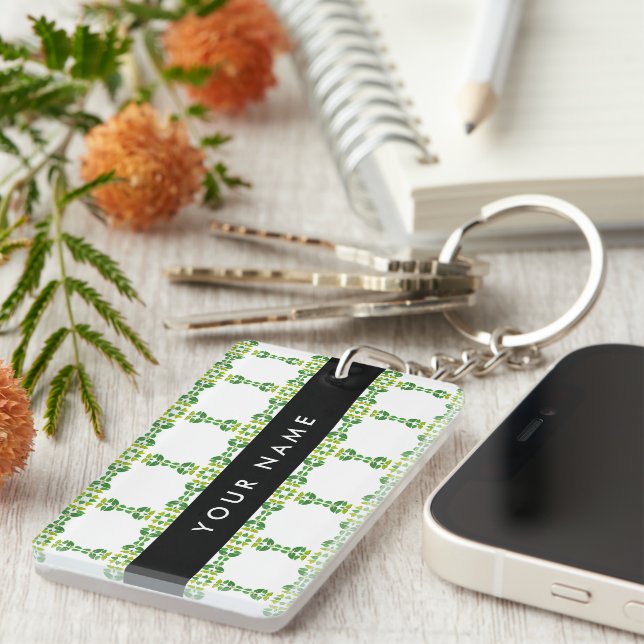 Leaf Pattern, Green Leaves, Your Name Keychain (Front Right)
