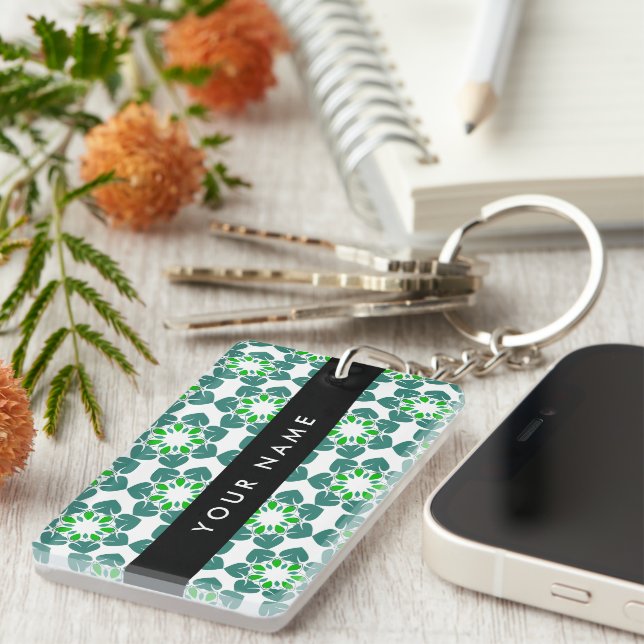 Leaf Pattern, Green Leaves, Your Name Keychain (Front Right)