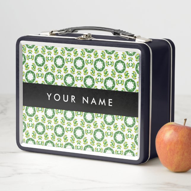 Leaf Pattern, Green Leaves, Your Name Metal Lunch Box (In Situ)