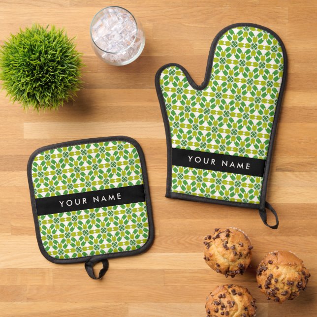 Leaf Pattern, Green Leaves, Your Name Oven Mitt & Pot Holder Set (Top Down)