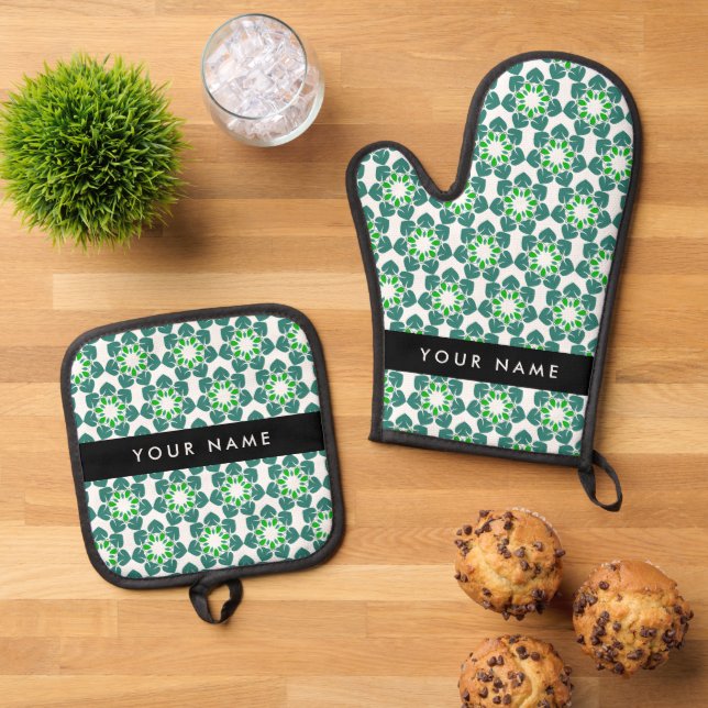 Leaf Pattern, Green Leaves, Your Name Oven Mitt & Pot Holder Set (Top Down)