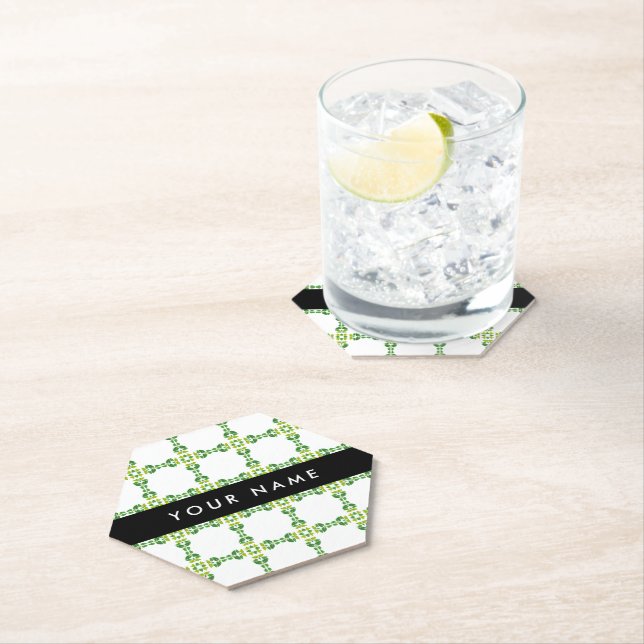 Leaf Pattern, Green Leaves, Your Name Paper Coaster (Insitu)