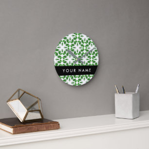 Leaf Pattern, Green Leaves, Your Name Round Clock