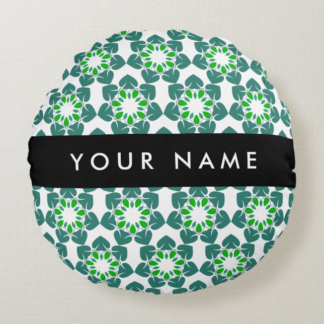 Leaf Pattern, Green Leaves, Your Name Round Pillow (Front)