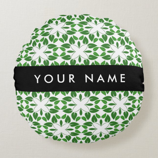 Leaf Pattern, Green Leaves, Your Name Round Pillow (Front)
